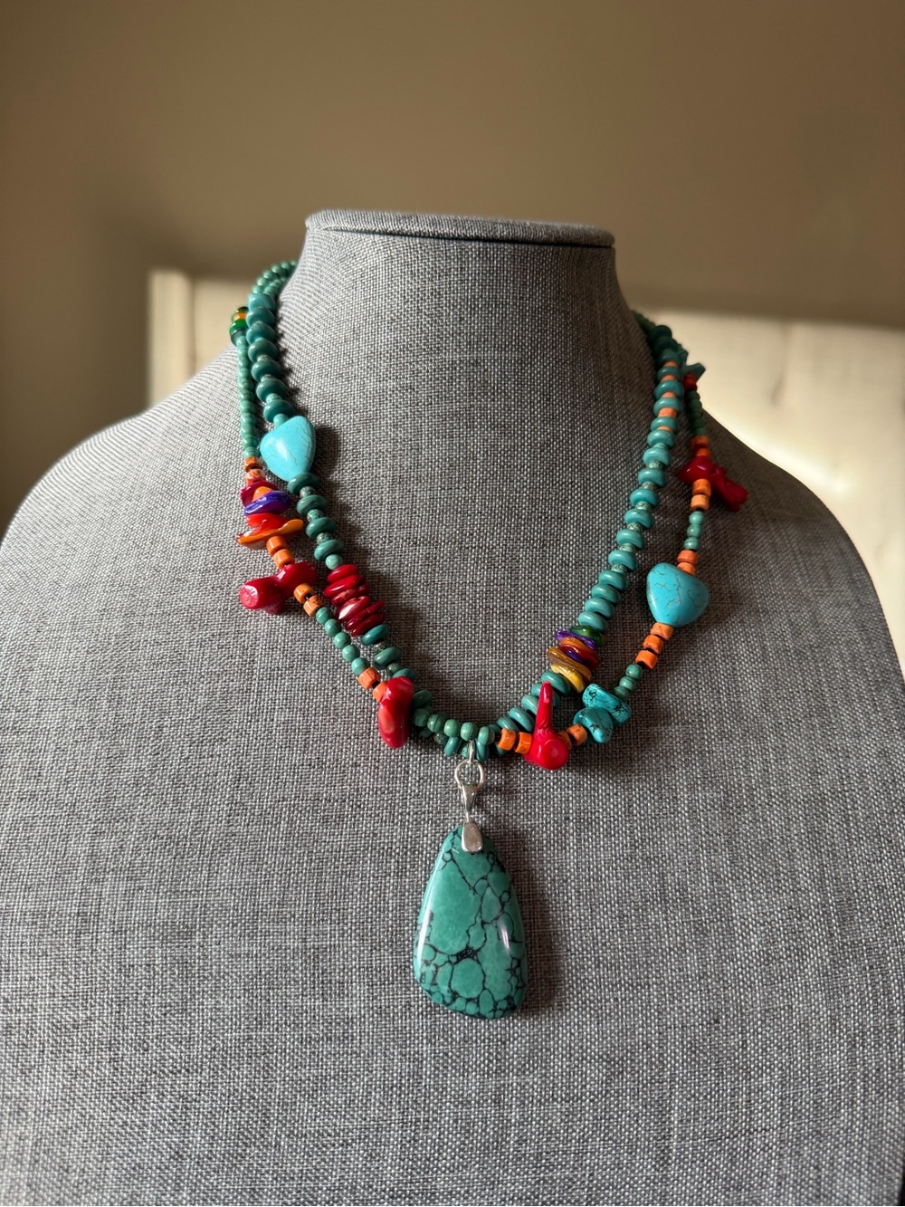 Turquoise Multi-Strand Pendant Necklace with Coral & Red Accents